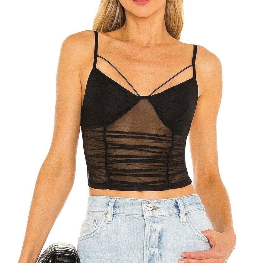 Superdown Adalene Mesh Top Black Sheer Ruched Strappy Cropped Cami Y2K Size S